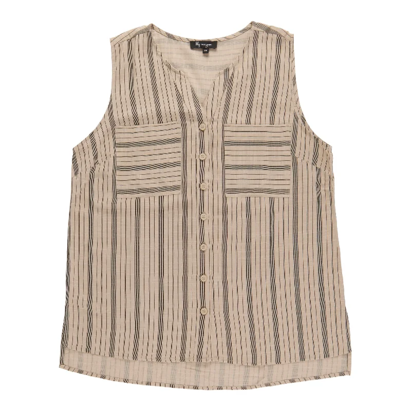 lily morgan Women's Exotic Striped Sleeveless Linen Blouse Double Button Blouse