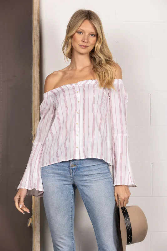 RED STRIPE BELL OFF-SHOULDER BLOUSE TOP MTP7192 Embroidered Floral Blouse