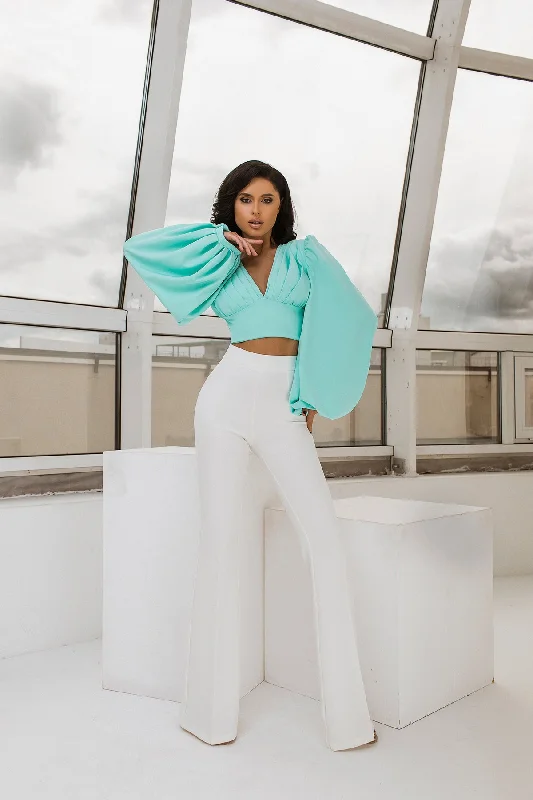 Mint Puff Sleeve V-neck Blouse Frilled Cuff Blouse