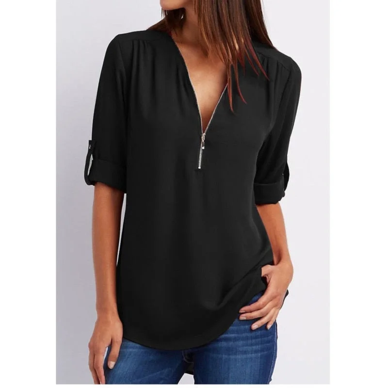 Women Shirts Summer Autumn Casual V-neck Chiffon Blouse Women Top Camisa Feminina Long Sleeve Black White Ladies Blouses Shirt Elegant Semi-Sheer Blouse