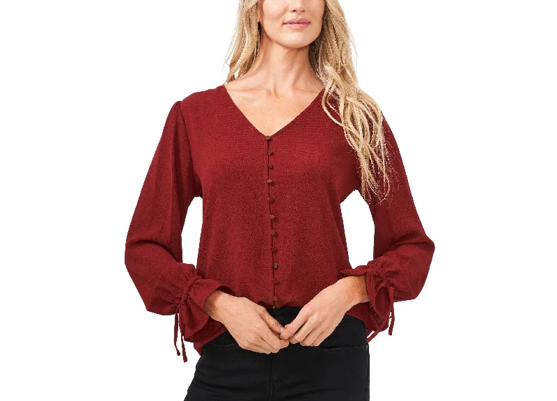 Women's Long Sleeve Button Down Tie-Cuff Blouse Satin Long Blouse