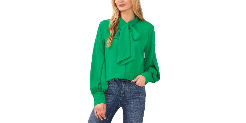 Women's Long Sleeve Button-Up Bow Neck Blouse Cotton Casual Blouse