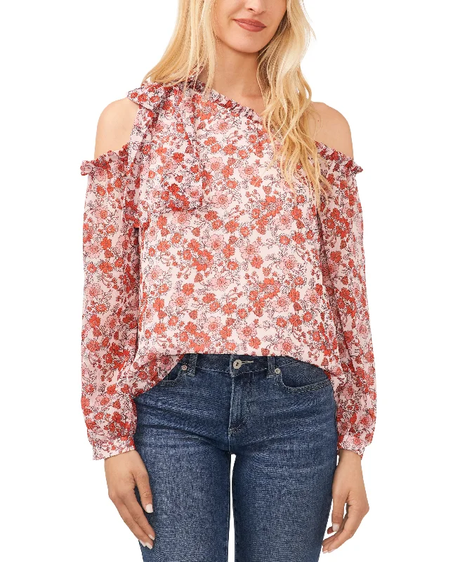 Women's Long Sleeve Cold-Shoulder Bow Floral-Print Blouse Elegant Silk Blouse