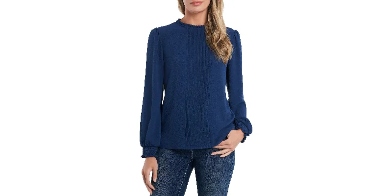 Women's Long Sleeve Smocked Cuff Pin-Tuck Front Blouse Ruffled Neck Blouse