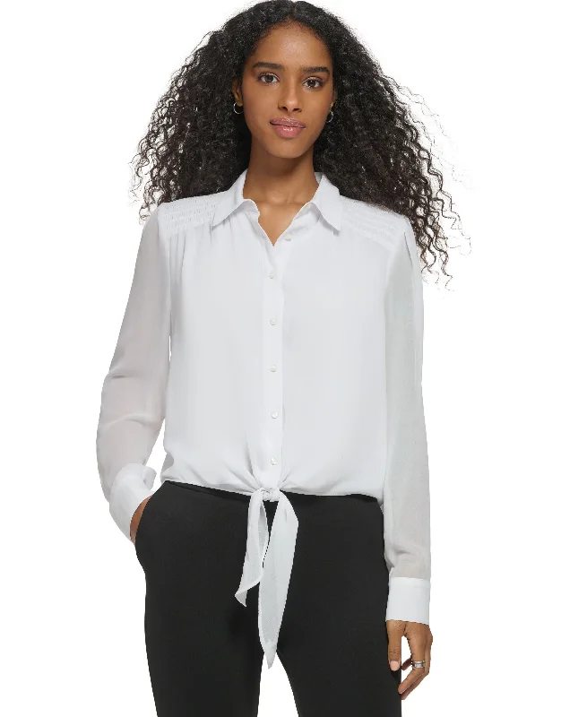 Women's Long Sleeve Tie Front Button Down Blouse Modern Work Blouse