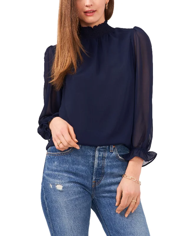 Women's Smocked Mock-Neck Long Sleeve Blouse Boho Chic Blouse