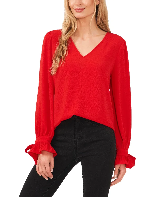 Women's Solid Long Sleeve V-Neck Tie-Cuff Blouse Modern Oversized Blouse