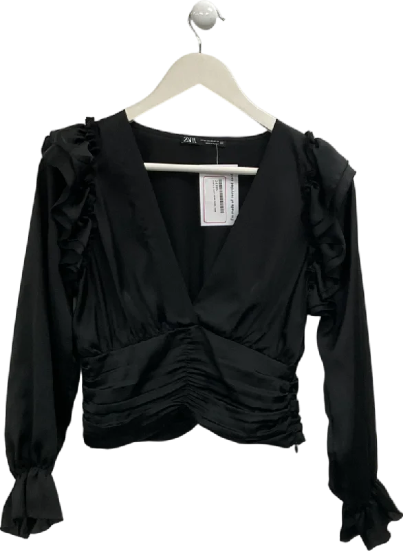 ZARA Black Cropped Blouse UK XS Delicate Pleat Blouse