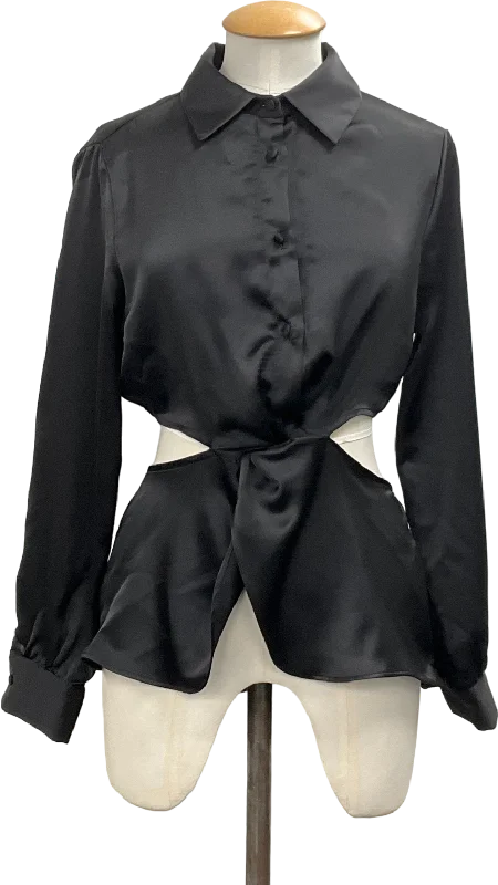 ZARA Black Satin Cut Out Blouse UK 8 Sheer Sleeve Blouse