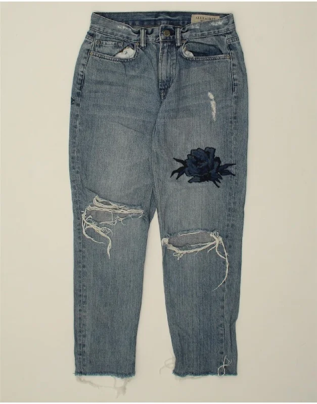 ALL SAINTS Womens Distressed Tapered Jeans W26 L25 Blue Floral Chic Cropped Jeans