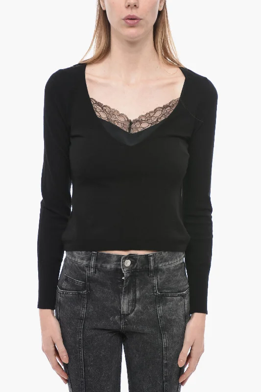 Anna Molinari V-neck Sweater with Laces Notch Collar Peter Pan Collar Cowl Neck