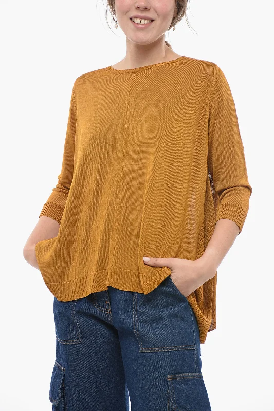 ArchivioB Solid Color Crew-neck Sweater with Side Slits Satin Fabric Silk Fabric Chiffon Fabric