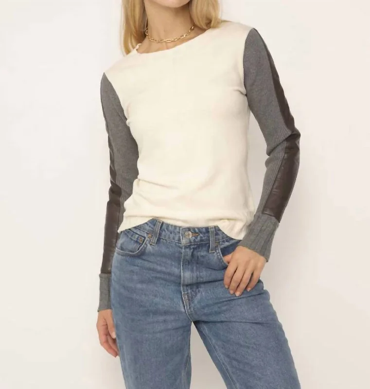 Beatrix Leather Accent Crew Sweater In Neutral Combo Embroidered Appliqued Beaded