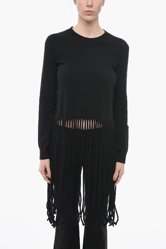 Bottega Veneta Wool Blend Sweater with Fringe Detail Iron Safe Non-Iron Wrinkle Free