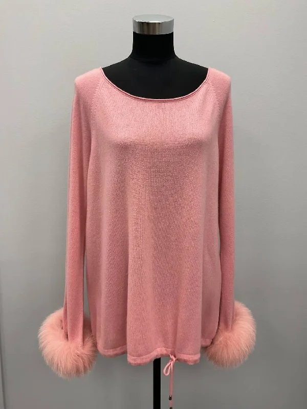 Cashmere Sweater With Fox Cuffs In Pink Faux Fur Fabric Real Fur Fabric Shearling Fabric