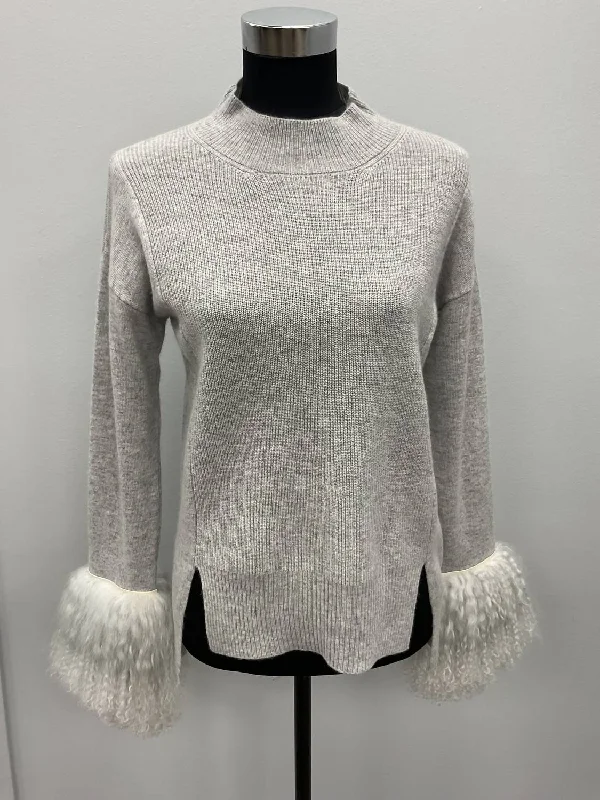 Cashmere Sweater With Mongolian Lamb Cuffs In Light Grey Cable Knit Ribbed Knit Lace Knit