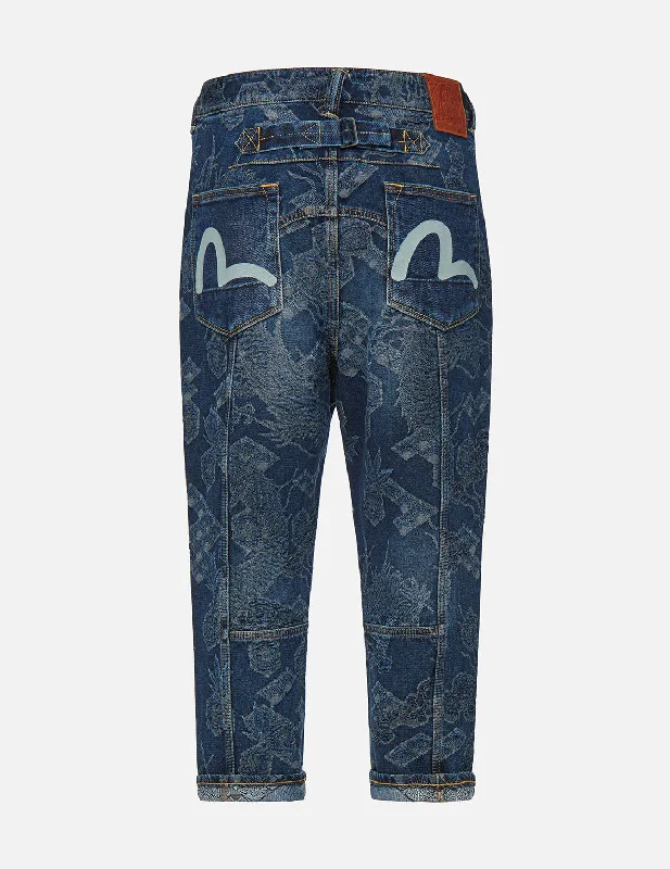 Dragon Jacquard Drop Crotch Denim Jeans Chic Double Waistband Jeans