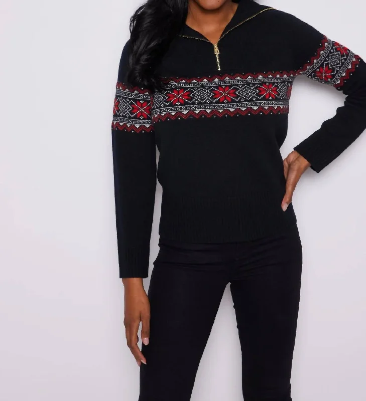 Fairisle Zip Sweater In Black Denim Fabric Leather Fabric Suede Fabric