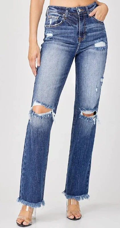 High Rise Straight Jeans In Dark Blue Elegant Wide-Leg Jeans