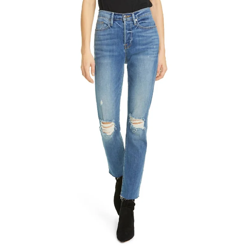 Le Beau Ankle Straight Leg Boyfriend Jeans In Cleo Rips Stylish Paperbag Waist Denim