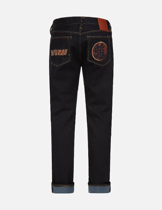 Logo and Kanji Leather Patched Carrot Fit Jeans #2017 Comfortable Full-Length Denim Jeans