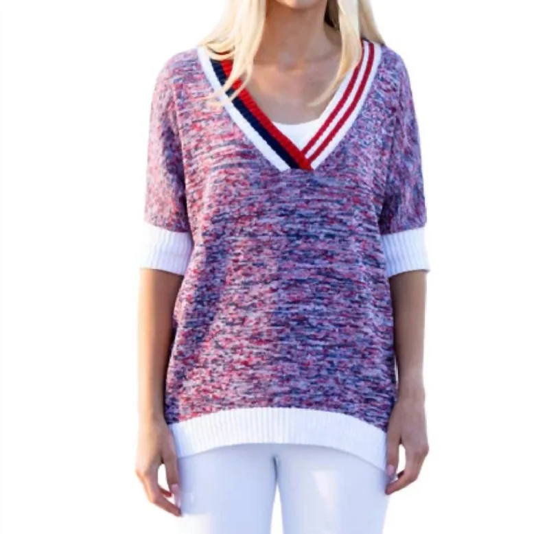 Marled V-Neck Elbow Sleeve Sweater In Red/white/navy Fitted Slim Tailored