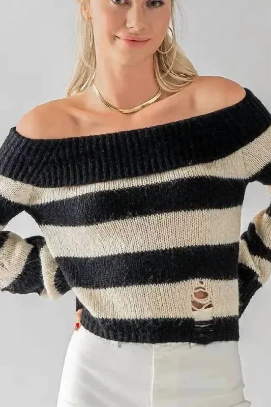 Mia Striped Sweater In Blue/white Zippered Buttoned Snapped