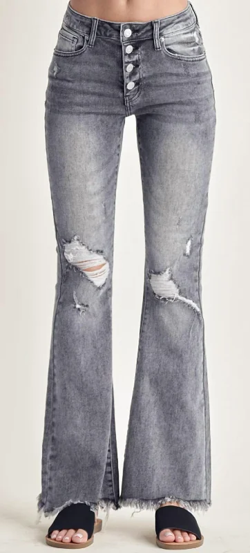 Mid Rise Button Flare Jeans In Grey Fashionable Relaxed Fit Denim