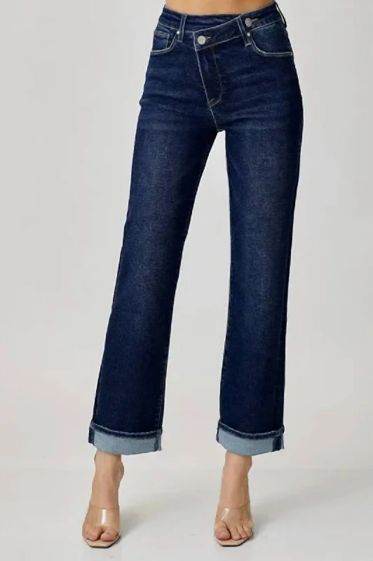 Mid Rise Cross Over Straight Leg Jeans In Medium Blue Stylish Shredded Denim Jeans