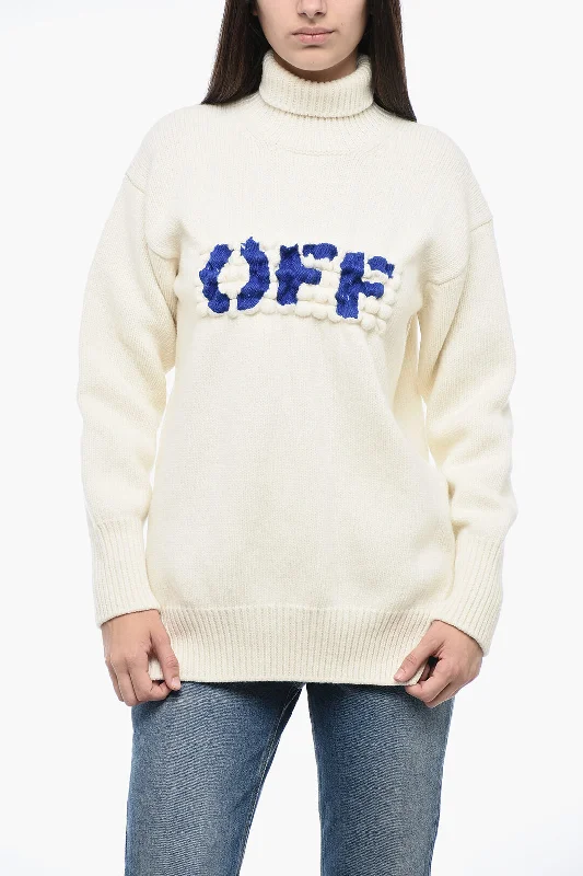 Off-White Embroidered Logo BOILED Turtle Neck Sweater Modern Contemporary Chic