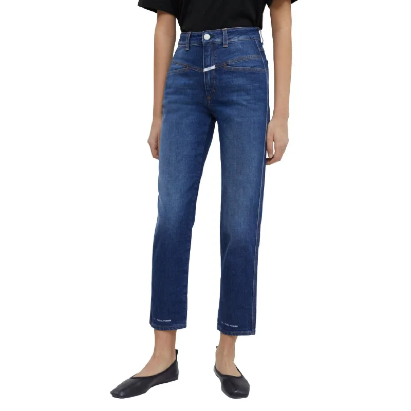 Pedal Pusher Tapered Jean In Dark Blue Fashionable Raw Hemmed Jeans