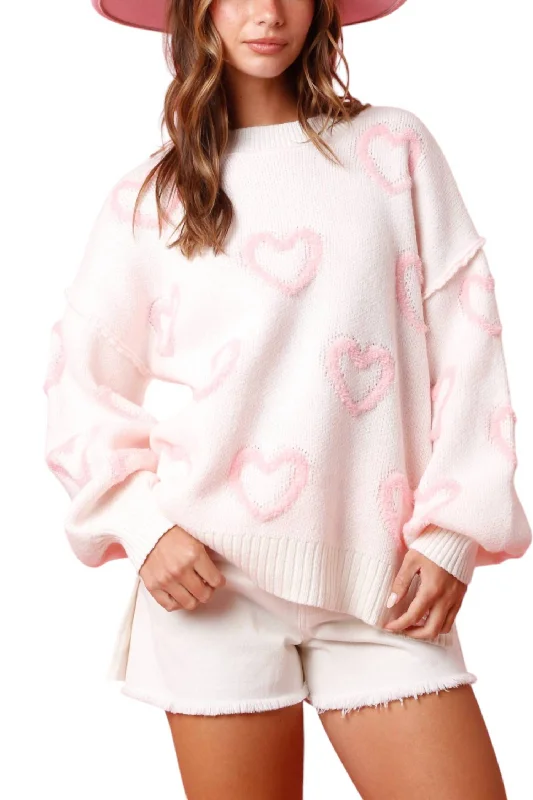 Puff Hearts Sweater In Pink Machine Wash Dry Clean Hand Wash