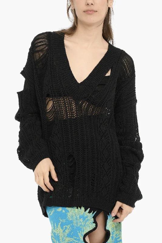 RAMAEL Perforated V-Neck Maxi Sweater With Cut-Out Details Open Front Closed Front Wrap Front