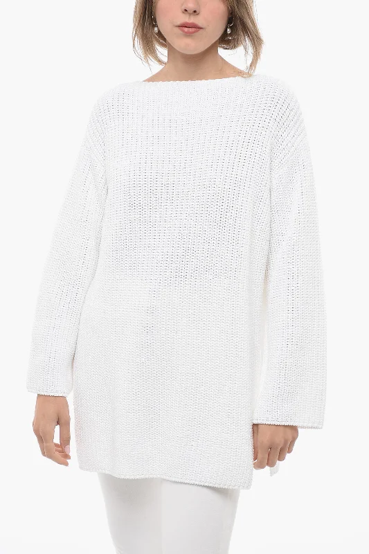 Salvatore Ferragamo Crew Neck Pure Cotton Sweater with Side Splits Layered Multi-layer Single Layer