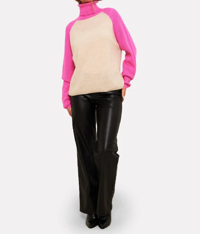 Susie Cashmere Ribbed Roll Neck Sweater In Diva Pink Transparent Opaque Sheer