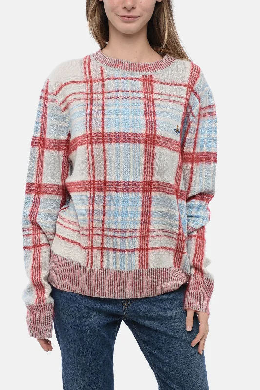 Vivienne Westwood Crew Neck Cotton Blend Sweater with Plaid Check Motif Cable Knit Ribbed Knit Lace Knit