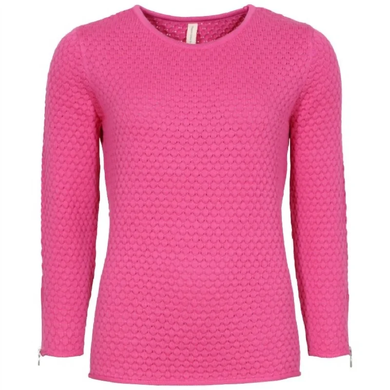 Women's 3/4 Sleeves Jumper In Hot Pink Mesh Sweater Canvas Denim