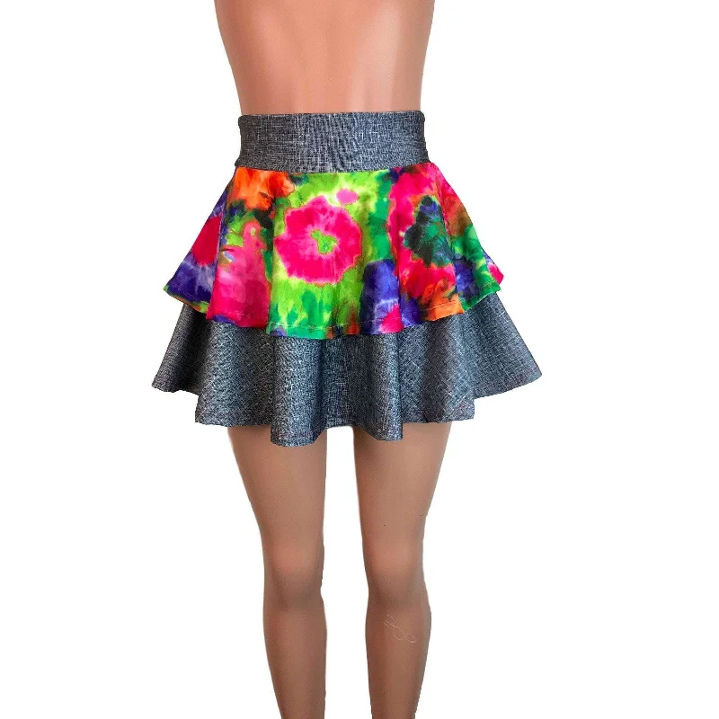 SALE - 2-Layer Skater Skirt - Tie Dye Groovy w/ Linen Print high slit skirt