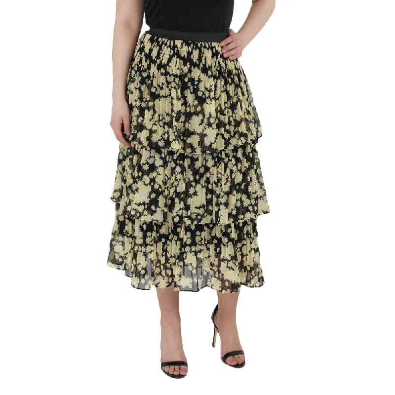 Women's Ruffle Midi Skirt,Yellow/Black cashmere skirt rich