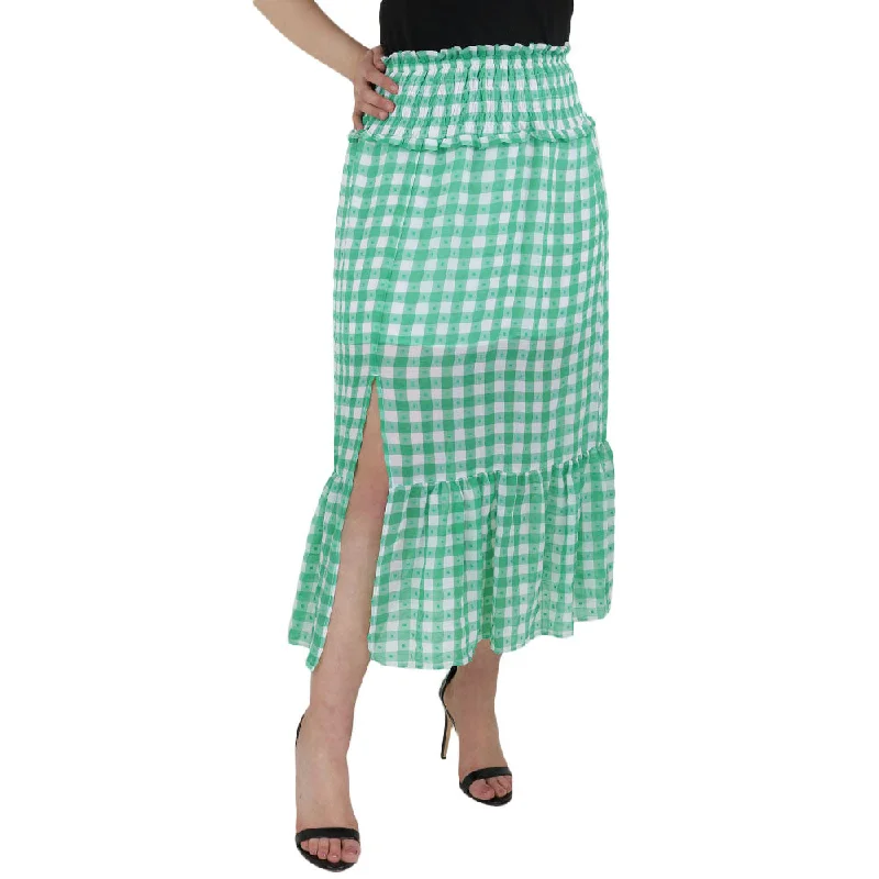 Women's Plaid Midi Skirt,Green silk skirt lustrous