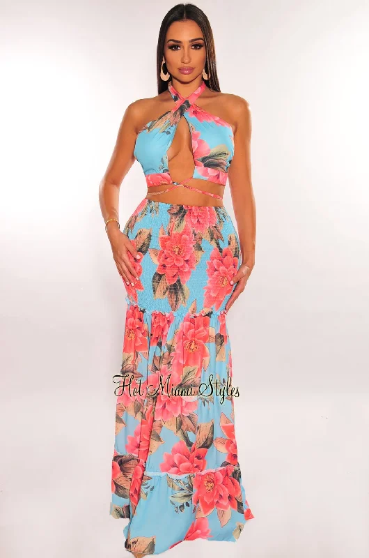 Aqua Floral Print Halter Cross Tie Up Smocked Maxi Skirt Two Piece Set linen skirt natural