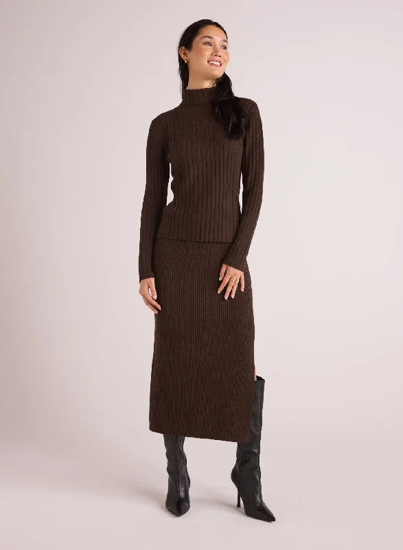 Ribbed Knit Skirt with Side Slit - Heather Brown denim skirt trendy