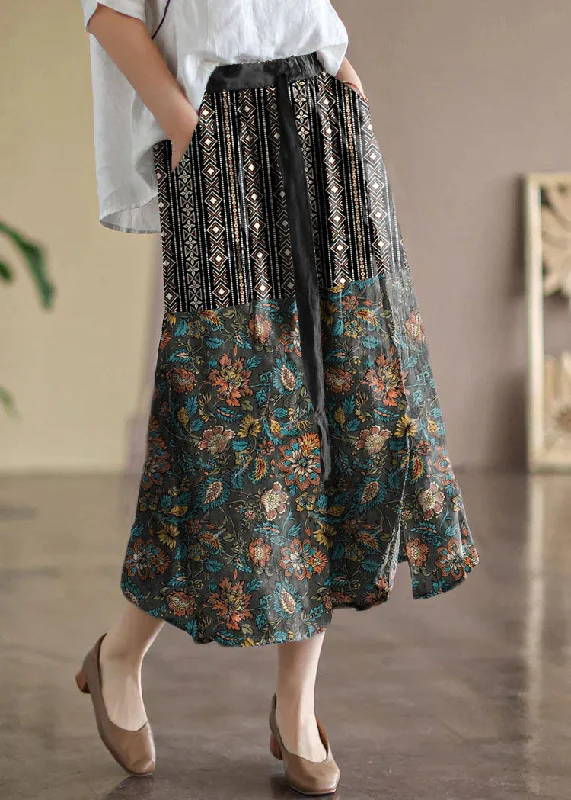 Bohemian Black flower Elastic Waist Print Linen Skirts Summer velvet skirt luxurious