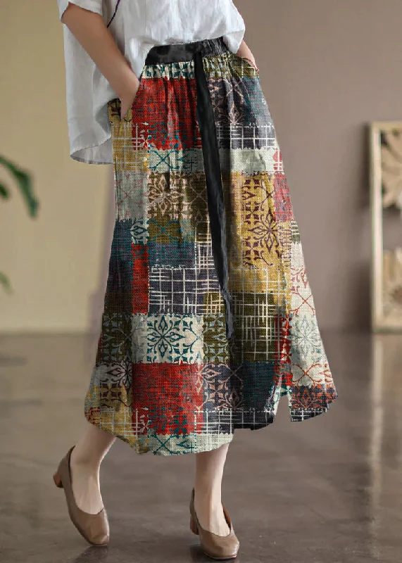 Bohemian Red geometry Elastic Waist Print Linen Skirts Summer silk skirt luxurious