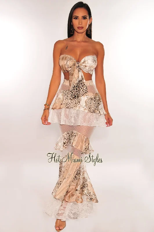 Champagne Animal Print Bandeau Padded Lace Ruffle Maxi Skirt Two Piece Set pleated skirt texture