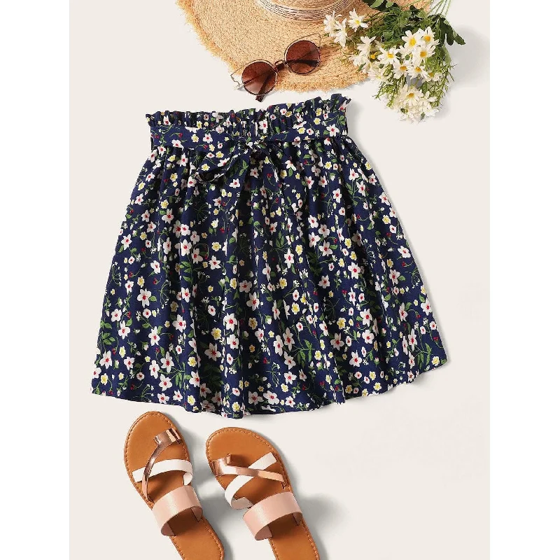 Ditsy Floral Print Waist Belted Skirt velvet skirt glossy