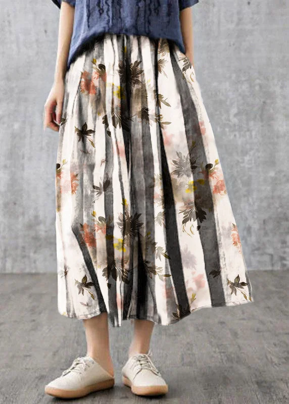 Elegant White flowers Retro Striped A Line Summer Skirts Linen velvet skirt luxurious