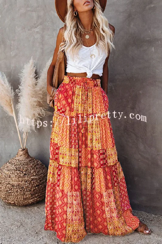 Floral Print Stretch Elastic Waist Pocket High Waist Skirt silk skirt smooth