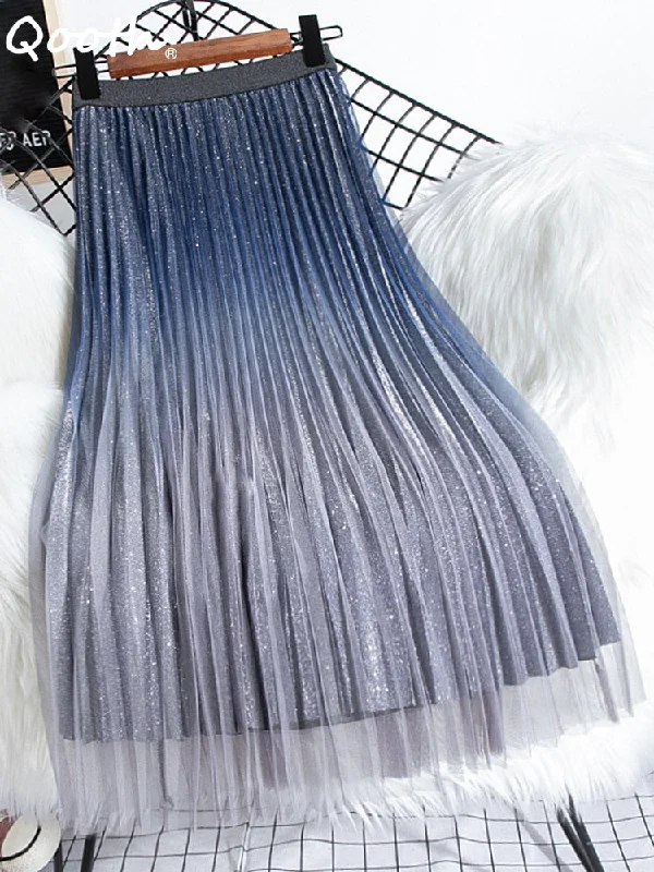 Gradient Color Mesh Midi Length Pleated High Waist Sequins A-line Skirt silk skirt sleek