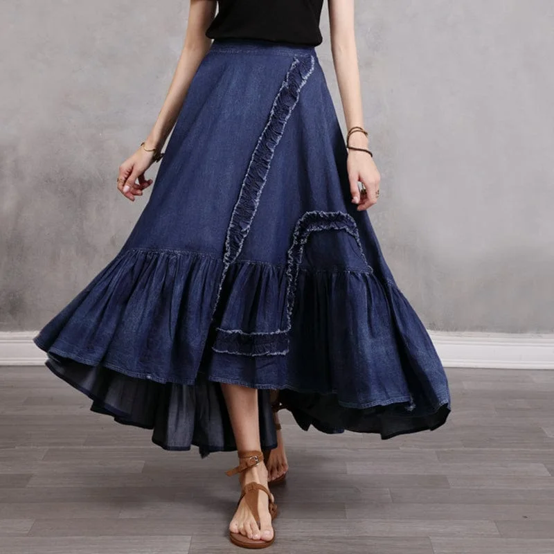 Gypsy Style Patchwork Pleated Denim Skirt velvet skirt luxury